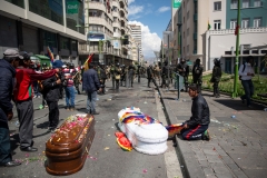 La Paz, Bolivia. 21st Nov 2019. Coffins left by fleeing protesters after Police dispersed them with tear gas. The coffins contained the bodies of people killed during a Police/ Army operation on November 19th which left at least nine dead. The protesters tried to carry them to the main square of La Paz. Radoslaw Czajkowski