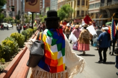 La Paz, Bolivia. 18th Nov 2019. A woman follows a march for peace in the center of La Paz while wearing a wiphala. At this point the society was so divided that even the participants of these marches were in disagreement as to how peace can be achieved. Radoslaw Czajkowski